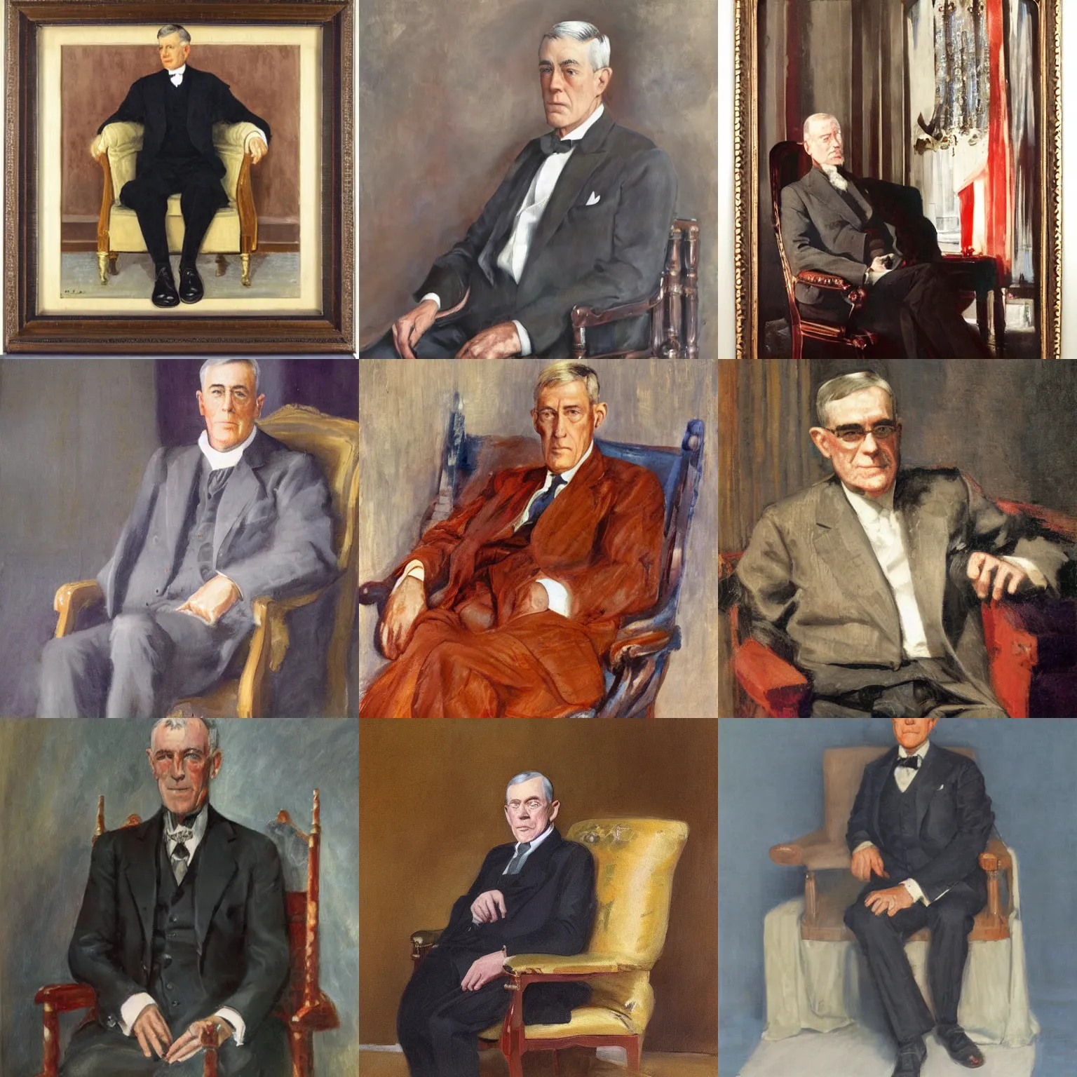 Prompt: Woodrow Wilson, 28th President of the United States, 1913-1921. Portrait by Frank Graham Cootes in 1936. Full body sitting in a chair. Oil on canvas, 50 x 40 inches.