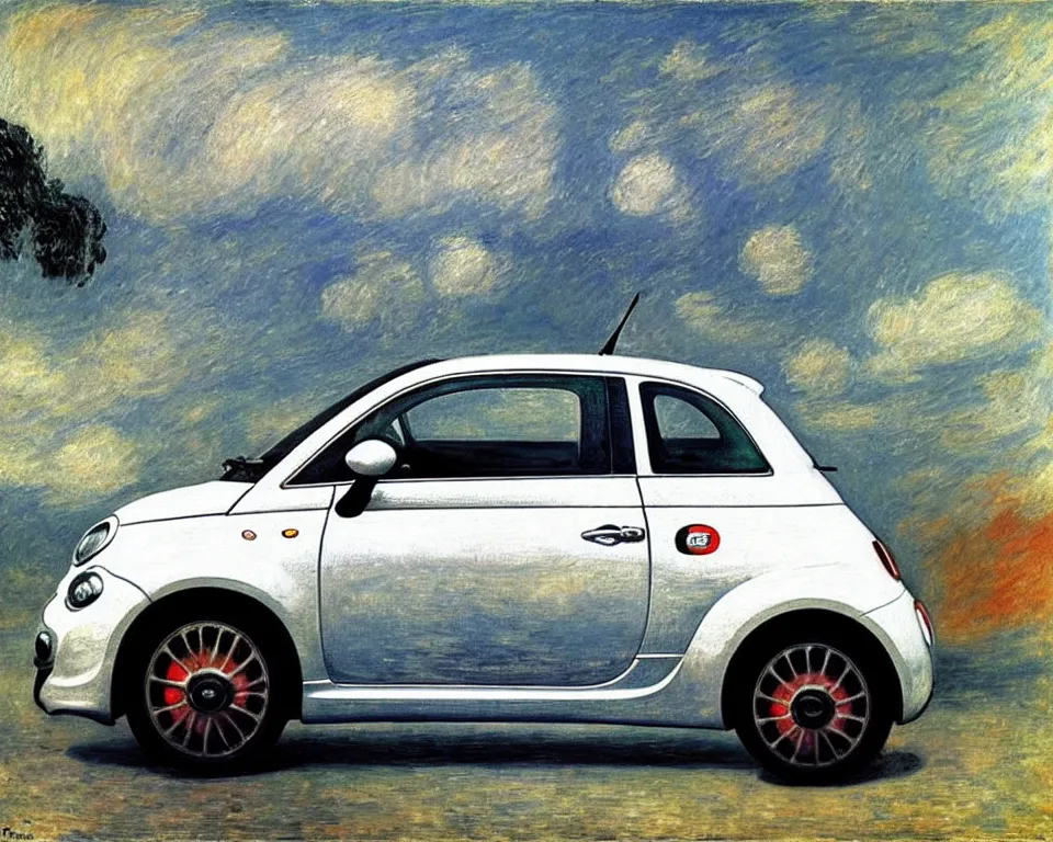 Image similar to achingly beautiful painting of a silver 2 0 1 3 fiat 5 0 0 abarth by rene magritte, monet, and turner.