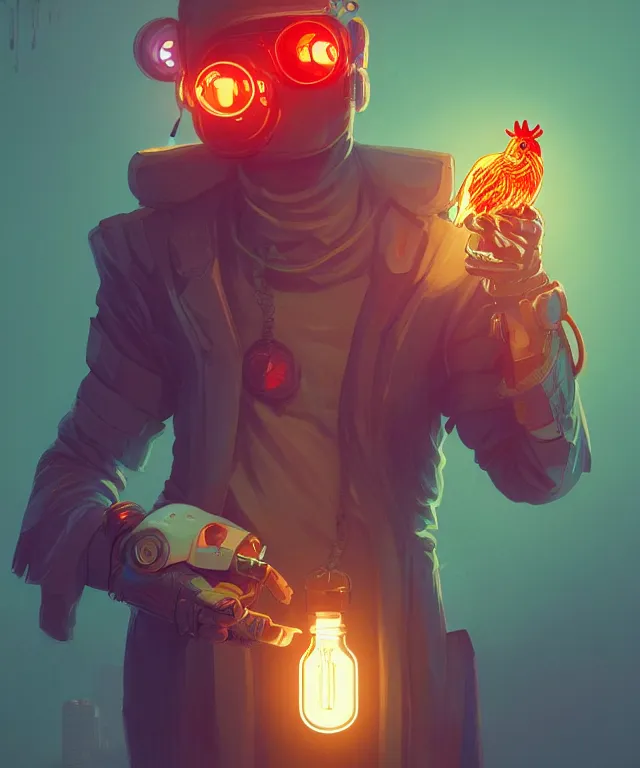 Image similar to a portrait of a cyberpunk chicken holding a light bulb, fantasy, elegant, digital painting, artstation, concept art, matte, sharp focus, illustration, art by josan gonzalez