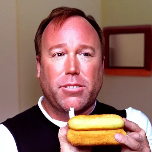 Prompt: alex jones eating a huge twinkie, high definition, color film,