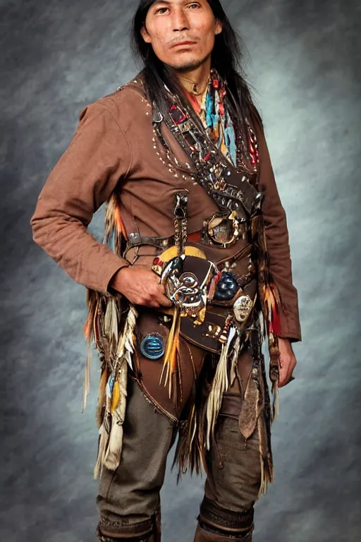 Image similar to thin native American Indian man in his early 30s, wearing cargo buckskin jacket buckskin tactical toolbelt pockets bandolier full of trinket and baubles, steampunk arcane shaman, deadlands, weird west