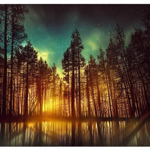 Prompt: sunset nordic forest, sparkling spirits, detailed wide shot, crayon, ground detailed, wet eyes reflecting into eyes reflecting into infinity, beautiful lighting