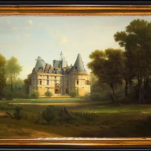 Prompt: a large serene beautiful matte painting of a delapitaded quaint french country castle in a state of disrepair, covered in vines, by asher brown durand and george ault featured on artstation