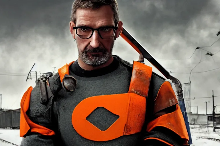 Image similar to vfx movie closeup real life gordon freeman holding wearing futuristic armor, half life logo on chest, crowbar in russian train yard by emmanuel lubezki