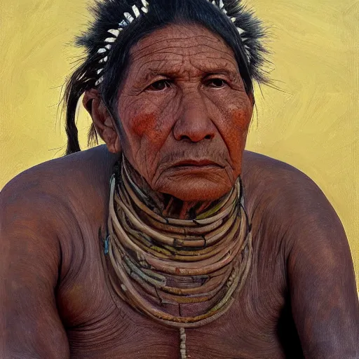 Prompt: high quality high detail painting by lucian freud, hd, side view portrait of a indigenous tribe leader, photorealistic lighting