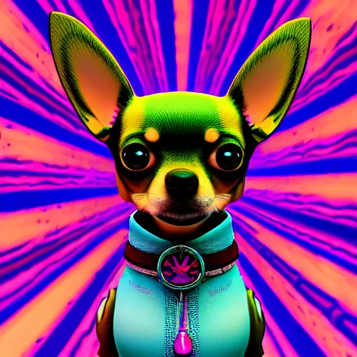 Image similar to a trippy chihuahua living in an extradimensional reality, in the style of wlop, illustration, epic, fantasy, hyper detailed, smooth, unreal engine, sharp focus, ray tracing, physically based rendering, renderman, beautiful