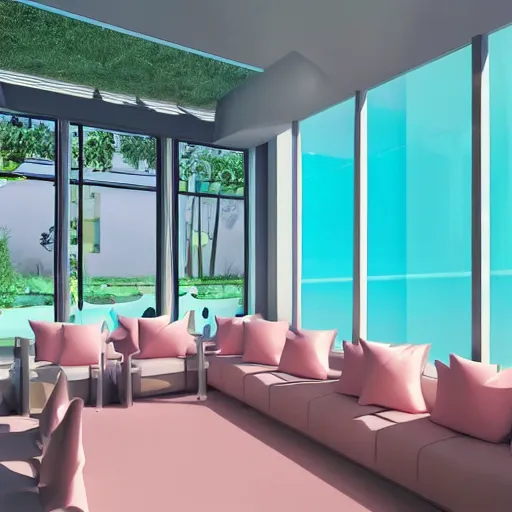 Image similar to a sunlit indoor lounge area with a pool with clear water and another pool with translucent pastel pink water, next to a big window, digital art