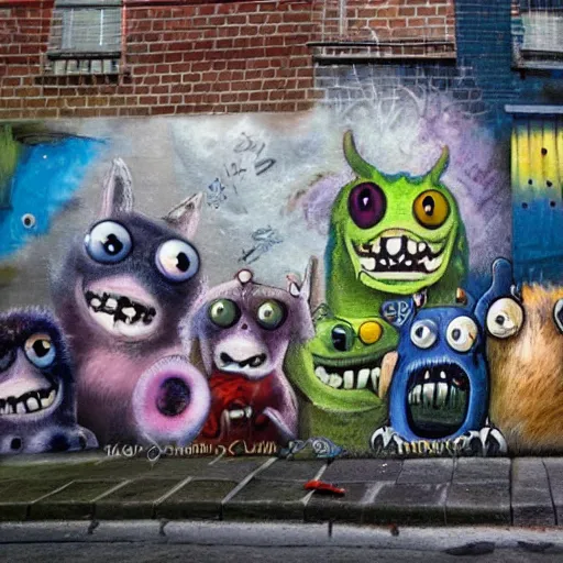 Image similar to little crazy monsters, furry creatures, monster emotional monsters and creatures in the city alleyway with graffiti, in the style of Johfra and Shaun Tan