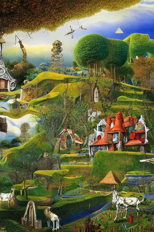 Image similar to a magical realism landscape in wonderland with house and trees by jacek yerka and salvador dali, detailed matte painting, 8 k resolution