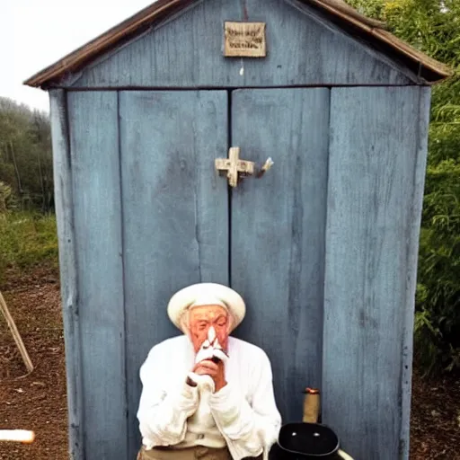 Image similar to Dumbledore sitting in an outhouse with a cigarette in his mouth, selfie