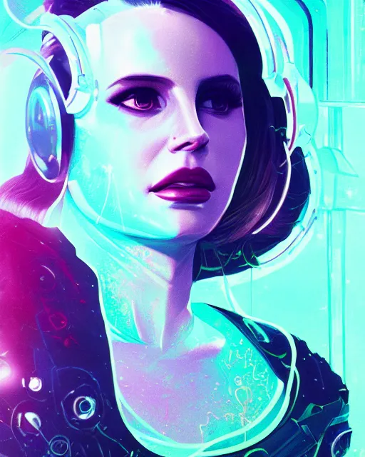 Image similar to portrait of lana del rey as a cyberpunk cyborg. sci - fi intricate abstract. intricate artwork, tear drops, roses, by tooth wu, wlop, beeple, dan mumford. concept art, octane render, trending on artstation, greg rutkowski, asymmetrical, cinematic arthouse, key art, hyper realism, iridescent accents