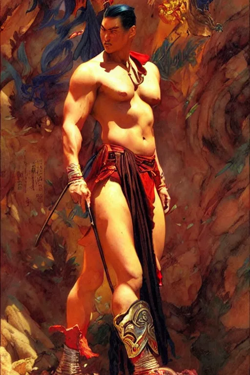 Image similar to wuxia, beefy male, character design, colorful, painting by gaston bussiere, craig mullins, j. c. leyendecker, tom of finland