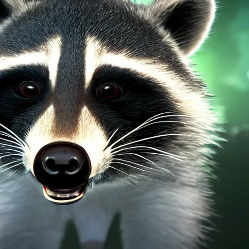 Prompt: a hyperrealistic octane render of a raccoon with camera lenses for eyes, photorealism, unreal engine, dramatic lighting, volumetric lighting, uplighting