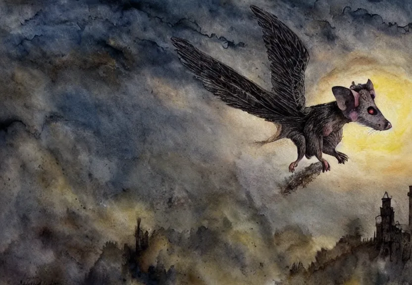 Image similar to winged possum flying over a medieval castle under a dark starred sky, dark fantasy, watercolor, dreaming illusion, highly detailed, 4k, trending on Artstation, award-winning