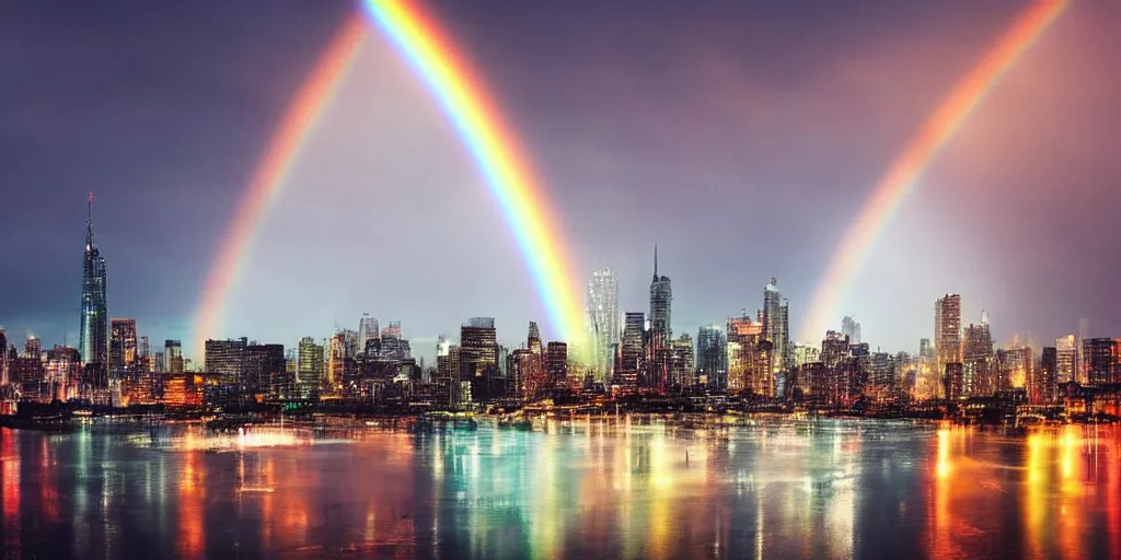 Prompt: a huge city landscape with a dawn mood, many rainbows in the background, incredible digital art, many rainbows, wide angle,