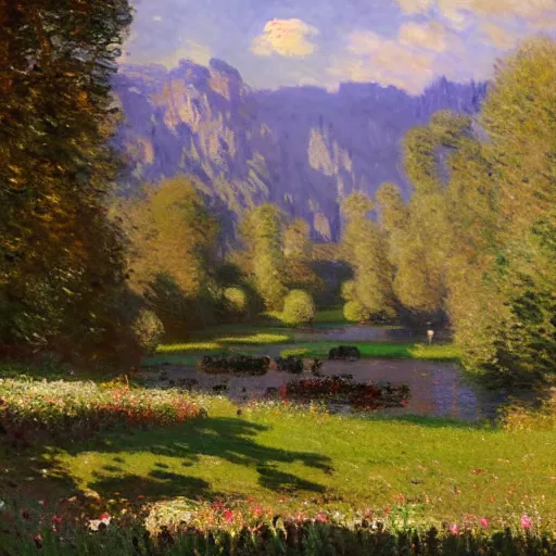 Image similar to A golden river flows through a serene valley, lots of flowers, sheep grazing, by monet, greg Rutkowski, trending on artstation