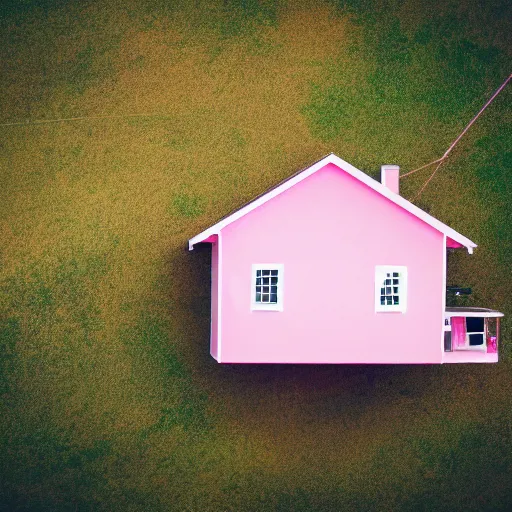 Image similar to a 5 0 mm lens photograph of a cute pink floating modern house, floating in the air between clouds, inspired by the movie up, held up from above by a heart - shaped ballon. mist, playful composition canon, nikon, award winning, photo of the year