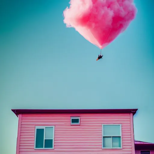 Image similar to a 5 0 mm lens photograph of a cute pink floating modern house, floating in the air between clouds, inspired by the movie up, held up from above by heart ballons. mist, playful composition canon, nikon, award winning, photo of the year