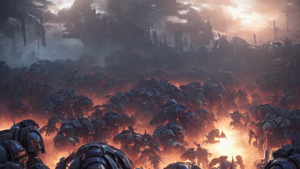 Image similar to a photorealistic hyperrealistic render of an epic close quarters last stand battle between an outnumbered squad of space marines and genestealers from warhammer 4 0 k by greg rutkowski, james paick, wlop, nicolas bouvier sparth, artgerm, dramatic moody sunset lighting, long shadows, volumetric, cinematic atmosphere, octane render, artstation, 8 k