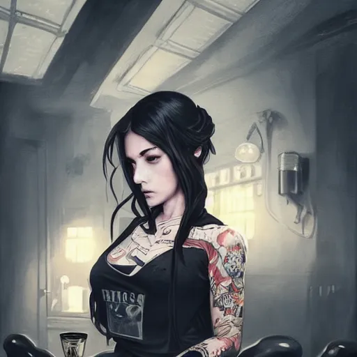 Image similar to captivating bar maid, tattoos, black t - shirt, black skirt, detailed portrait, intricate complexity, by greg rutkowski, artgerm, ross tran, conrad roset, takato yomamoto, ilya kuvshinov. 4 k, beautiful, cinematic dramatic atmosphere