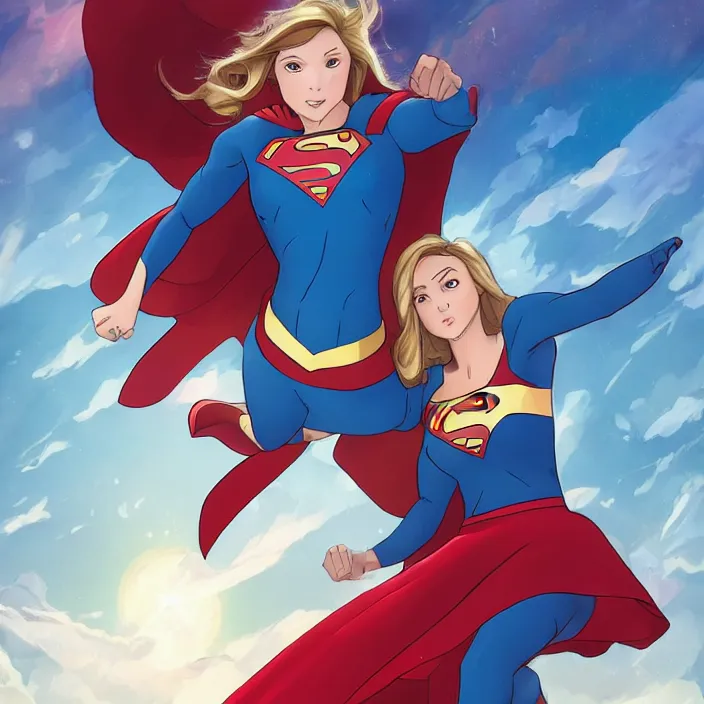 Prompt: A beautiful ultradetailed cartoon of one Supergirl hovering and holding one Lena Luthor in her arms, blue sky, Metropolis, 4k, Raphael Lacoste, by Rossdraws and Bluesssatan and Mandy Jurgens and Stjepan Sejic, Legend of Korra, Supergirl, fanart, trending on artstation, highly detailed, soft lighting 8k resolution, dramatic lighting, unreal engine 5, Pinterest, Katie McGrath, Melissa Benoist