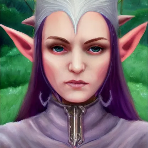 Image similar to oil painting a female medieval fantasy tolkien elf, dark purplish hair tucked behind ears, wearing a fur lined collar, wide face, muscular build, scar across the nose, cinematic, character art, detailed.