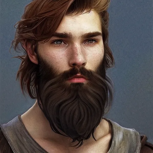 Image similar to portrait of a rugged ranger trainee, 19 years old, beard, male, masculine, upper body, red hair, long hair, soft hair, D&D, fantasy, intricate, elegant, highly detailed, digital painting, artstation, concept art, matte, sharp focus, illustration, art by Artgerm and Greg Rutkowski and Alphonse Mucha