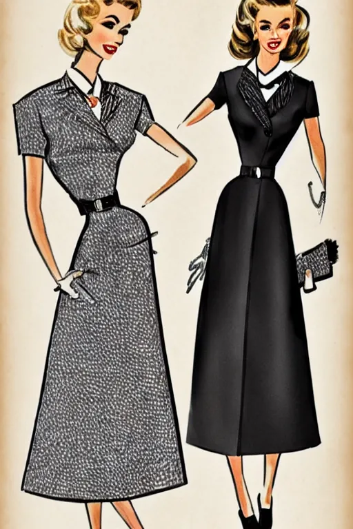 Image similar to a detailed fashion illustration of a 5 0 s hostess outfit