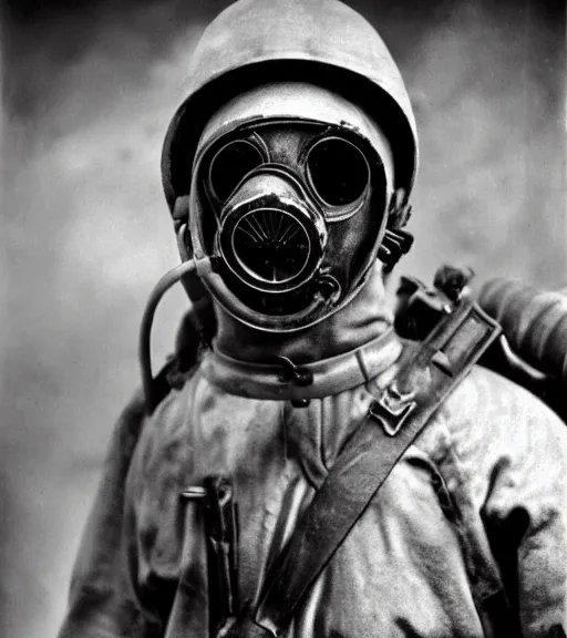 Image similar to a man in a chemical suit and gas mask, ww1 film photo, grainy, high detail, high resolution