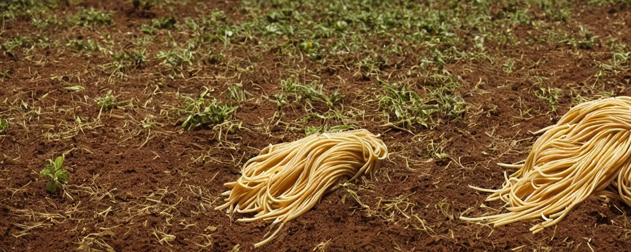 Image similar to tight angle of harvesting ripe spaghetti out of the dirt on the farm, small details, intricate, canon 5 0 mm, high detail, intricate, cinematic lighting, photography, wes anderson, film, kodachrome