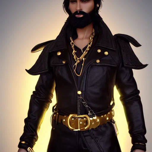 Image similar to a highly detailed full-length man with dark brown short hair, a dark beard, in black leather clothes, with a gold chain and a gold belt, artstation, DeviantArt, professional, octane render