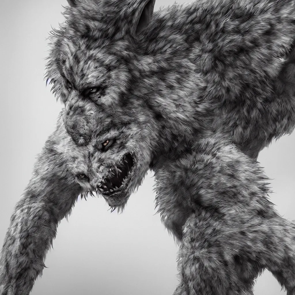 Prompt: portrait of man transforming into a werewolf with grey realistic fur, high detail, hyper realism, unreal engine, 8 k