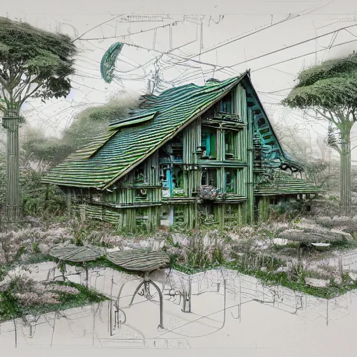 Image similar to annotated highly, detailed and intricate 4 5 degree isometric cross, cabin full of plants, marker concept art style rendering, concept art, half blueprint, trending on artstation, intricate details, john berkey, vincent di fate, ralph mcquarrie, center frame, annotations, metalic green, kelsey grammer sketch