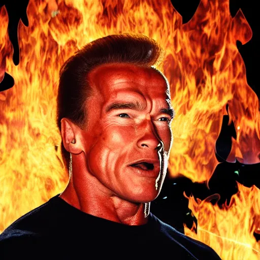 Prompt: A photo of Arnold Schwarzenegger with flames coming from his ears throwing a fit in the kitchen, frying pans and food flying in the air, taken with a Canon EOS 5D.