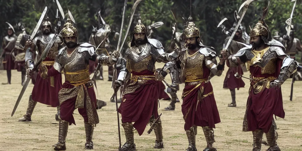 Image similar to sri lankan warriors with swords, film still, fantasy movie style