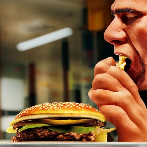 Image similar to realistic detailed sharp photo of a Neanderthal man eating a burger at McDonald's