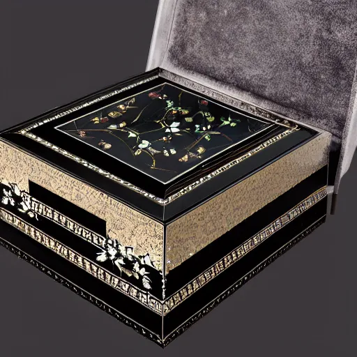 Image similar to a photo of a black jewellery box with intricate ultra detailed iridescent mother - of - pearl inlay on a black background photorealistic 8 k