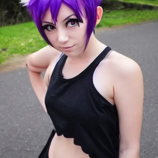 Image similar to anime girl with short purple hair and cat ears and a black tank top, aesthetic