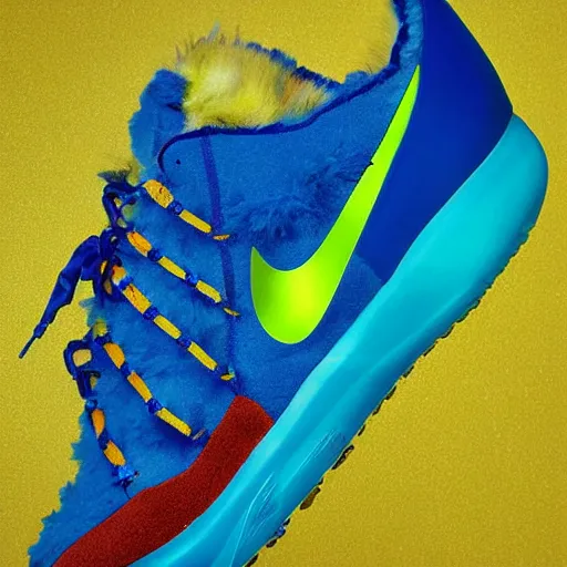 Image similar to poster nike shoe made of very fluffy colorful faux fur placed on reflective surface, professional advertising, overhead lighting, heavy detail, realistic by nate vanhook, mark miner