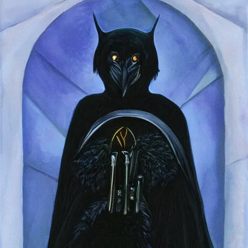 Image similar to portrait of a raven in a vantablack cloak and holding a symbolic weapon. portrait hung up in a windows 9 8 castle. r / oldschoolfantasy