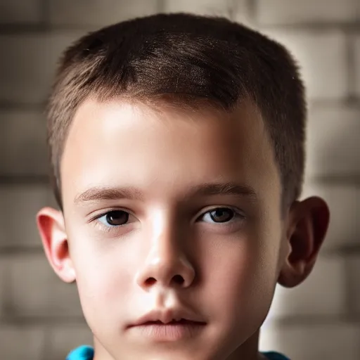 Image similar to a closeup portrait of a boy with brown hair and brown eyes. Extremely clear and high quality eyes with reflection, realistic face and details, clear lips and high quality