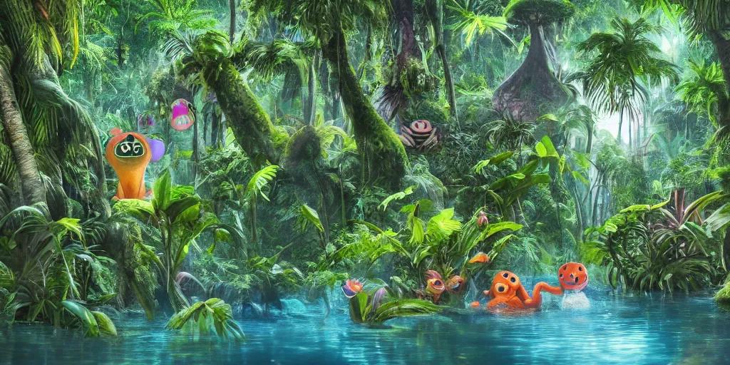 Image similar to of a tropical rainforest lake with strange cute friendly happy creatures with huge eyes, mouth, long tongue, round teeth and goofy face, appearing from the trees, in the style of gehry and gaudi, macro lens, shallow depth of field, ultra detailed, digital painting, trending artstation, concept art, illustration, cinematic lighting, photorealism, epic, octane render