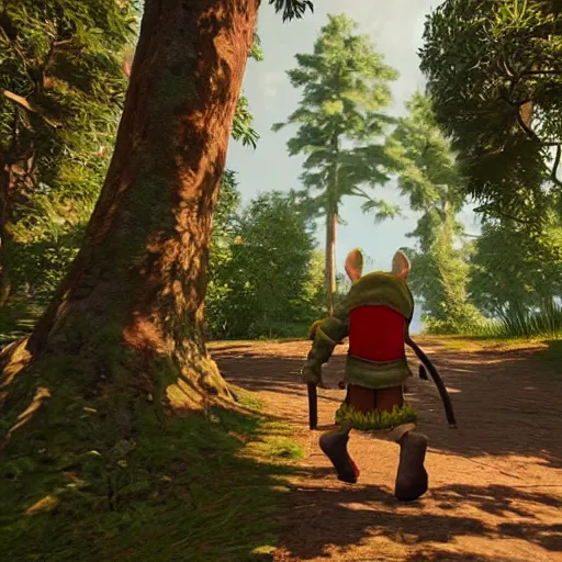 Image similar to an anthropomorphic rat dressed in medieval clothing, walking through a lush forest, studio Ghibli, kingdom come deliverance