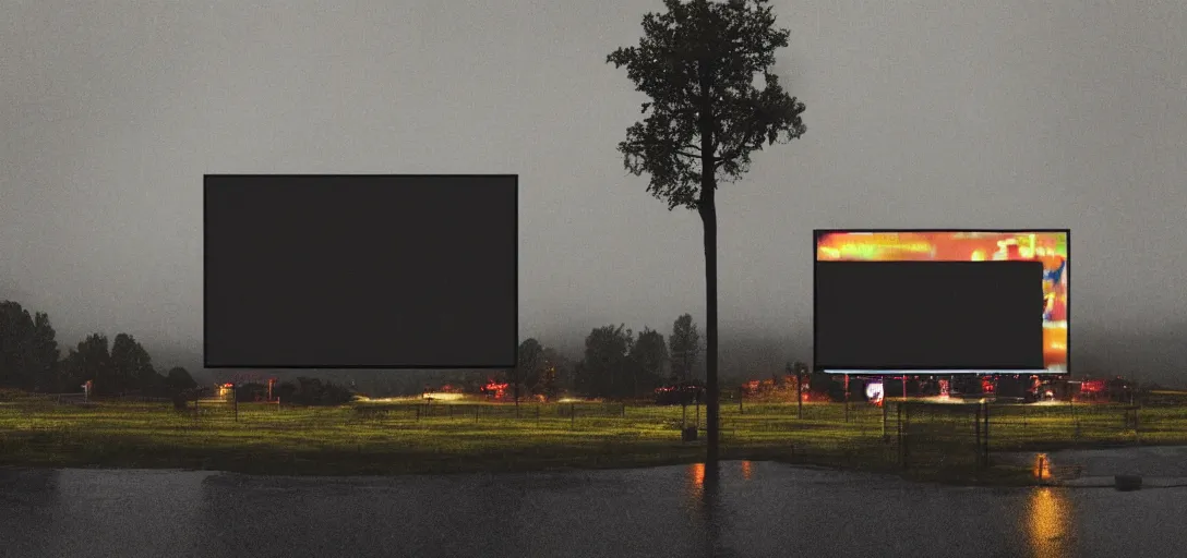 Prompt: Look of small outdoor high profile drive-in cinema, rain, night, noire moody scene, digital art, 8k, moody details