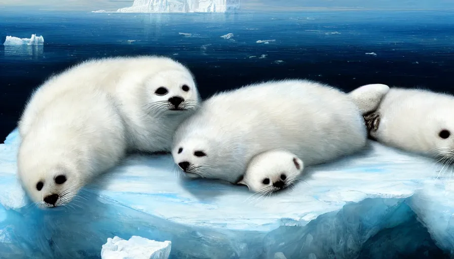 Image similar to highly detailed painting of cute furry white baby seals cuddling into each other on a blue and white iceberg by william turner, by greg rutkowski, by william constable, thick brush strokes and visible paint layers, 4 k resolution