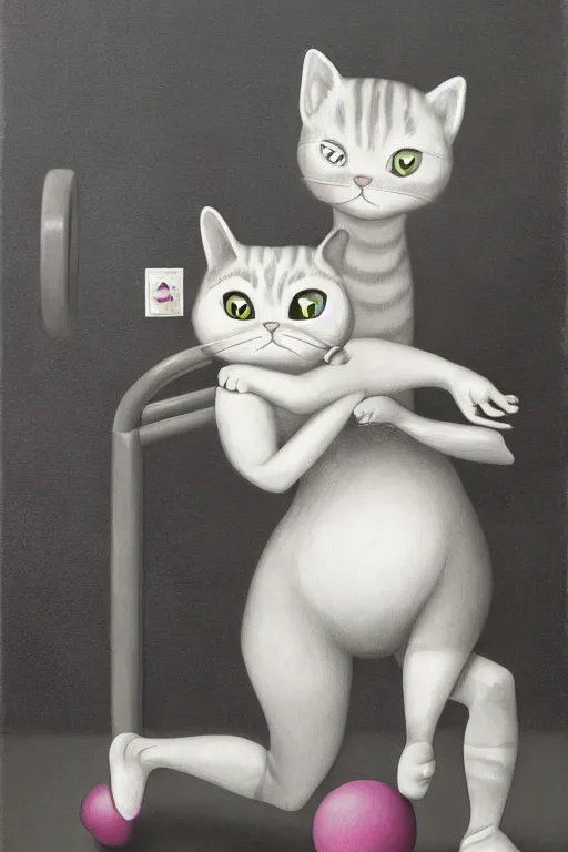 Image similar to anthro cat working out in the gym, an ultrafine detailed painting by mark ryden, trending on deviantart, pop surrealism, whimsical, lowbrow, grotesque