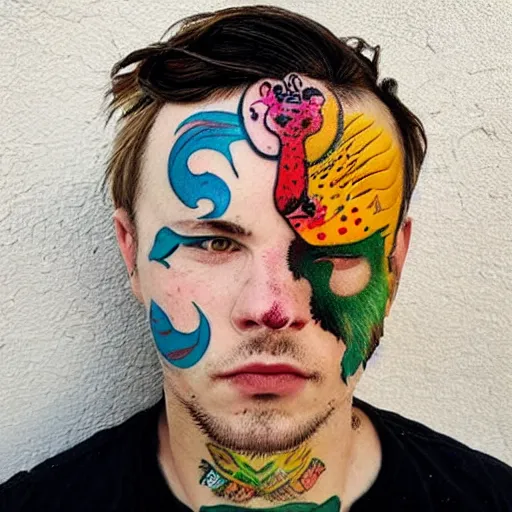 Image similar to a picture of an attractive man with colorful animal tattoos on his face
