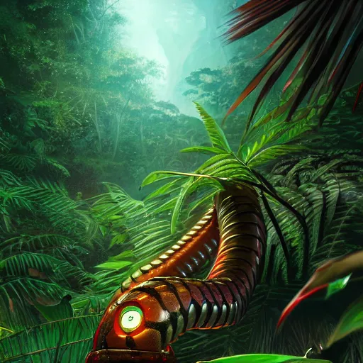 Image similar to robot snake in the middle of the jungle spying enemy country, red glowing eyes, dense jungle, middle of night, hd, uhd, 8 k, noise, illustration, sharp focus, detailed, sharpen, artstation, elegant, highly detailed, fantasy, futuristic