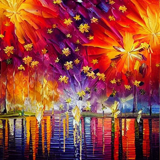 Prompt: When the fireworks are in full bloom by oil painting， clear background