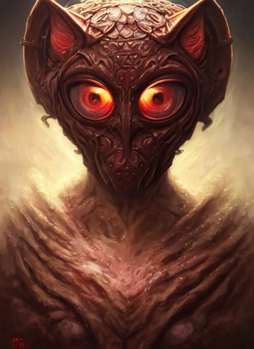 Prompt: hp lovecraft monster mf doom cat eyes, red skin, highly detailed, centered, digital painting, artstation, concept art, smooth, sharp focus, illustration, artgerm, tomasz alen kopera, peter mohrbacher, donato giancola, joseph christian leyendecker, wlop, frank frazetta